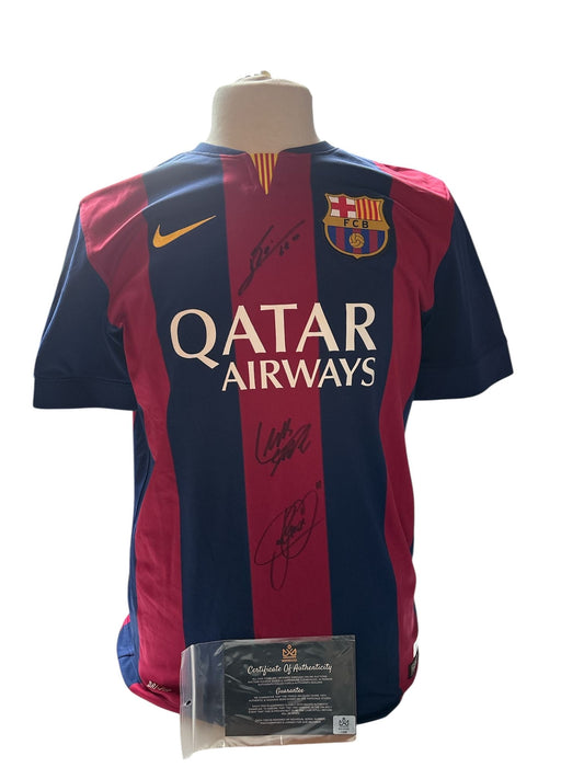 Lionel Messi, Luis Suárez en Neymar gesigneerd Barcelona 2014-2015 voorkant gesigneerd shirt met echtheidscertificaat