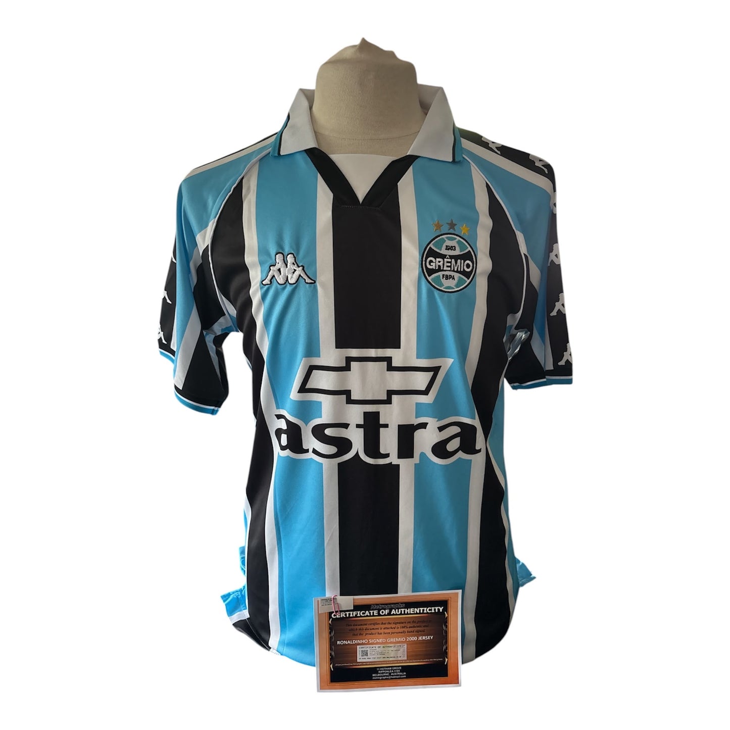 Ronaldinho gesigneerd Gremio shirt 2000 — detailfoto