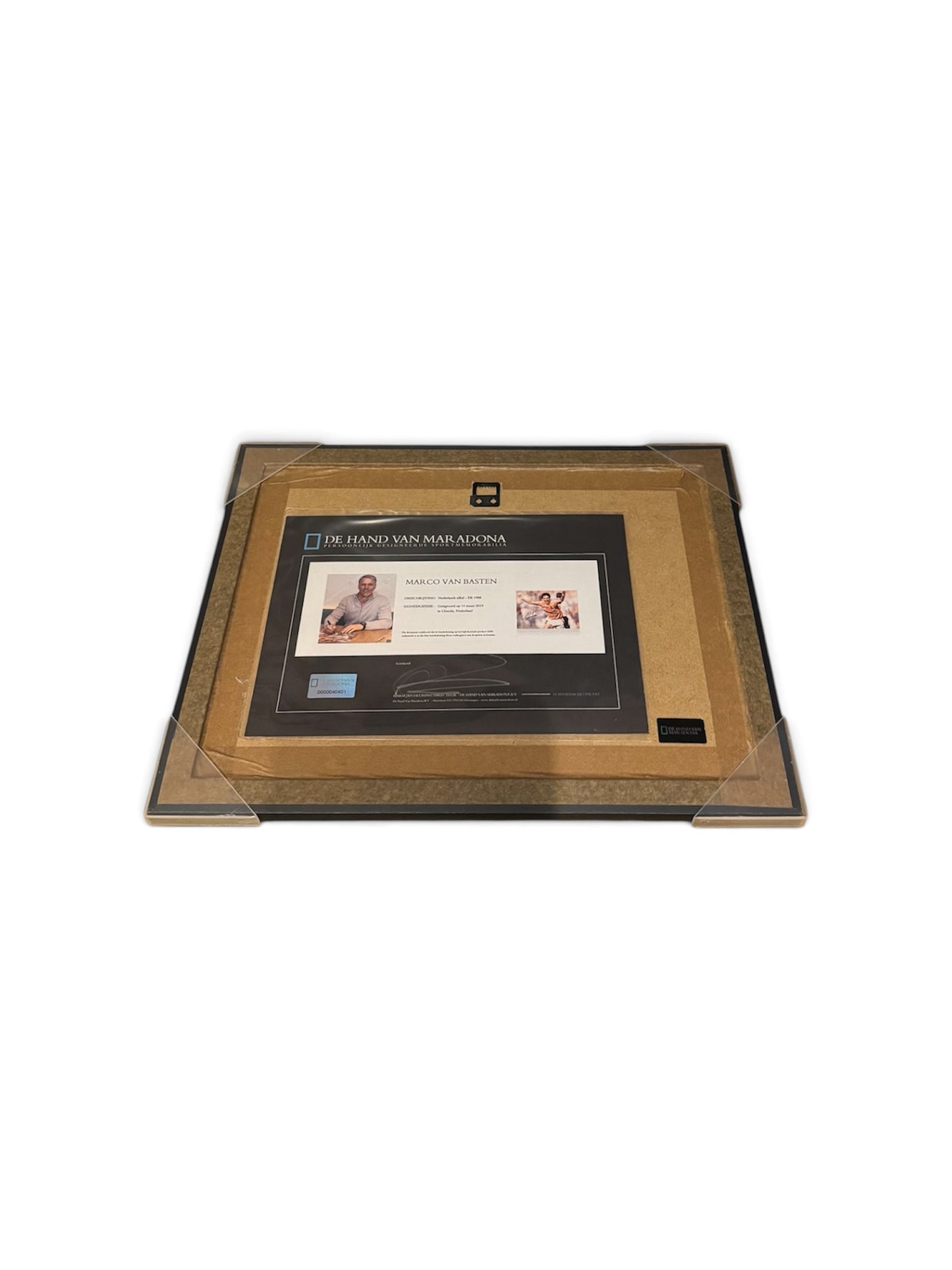 Close-up of Marco van Basten signature on framed Euro 1988 photo with COA