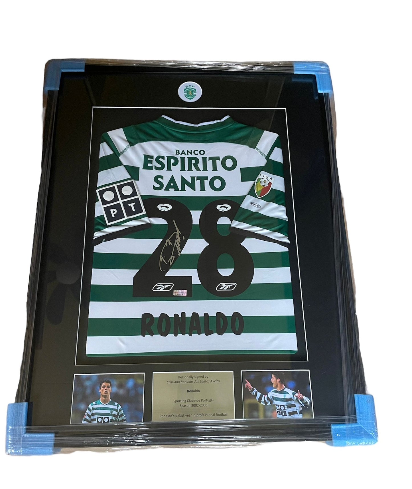 Cristiano Ronaldo gesigneerd en ingelijst Sporting Club Lissabon 2002-2003 shirt met echtheidscertificaat