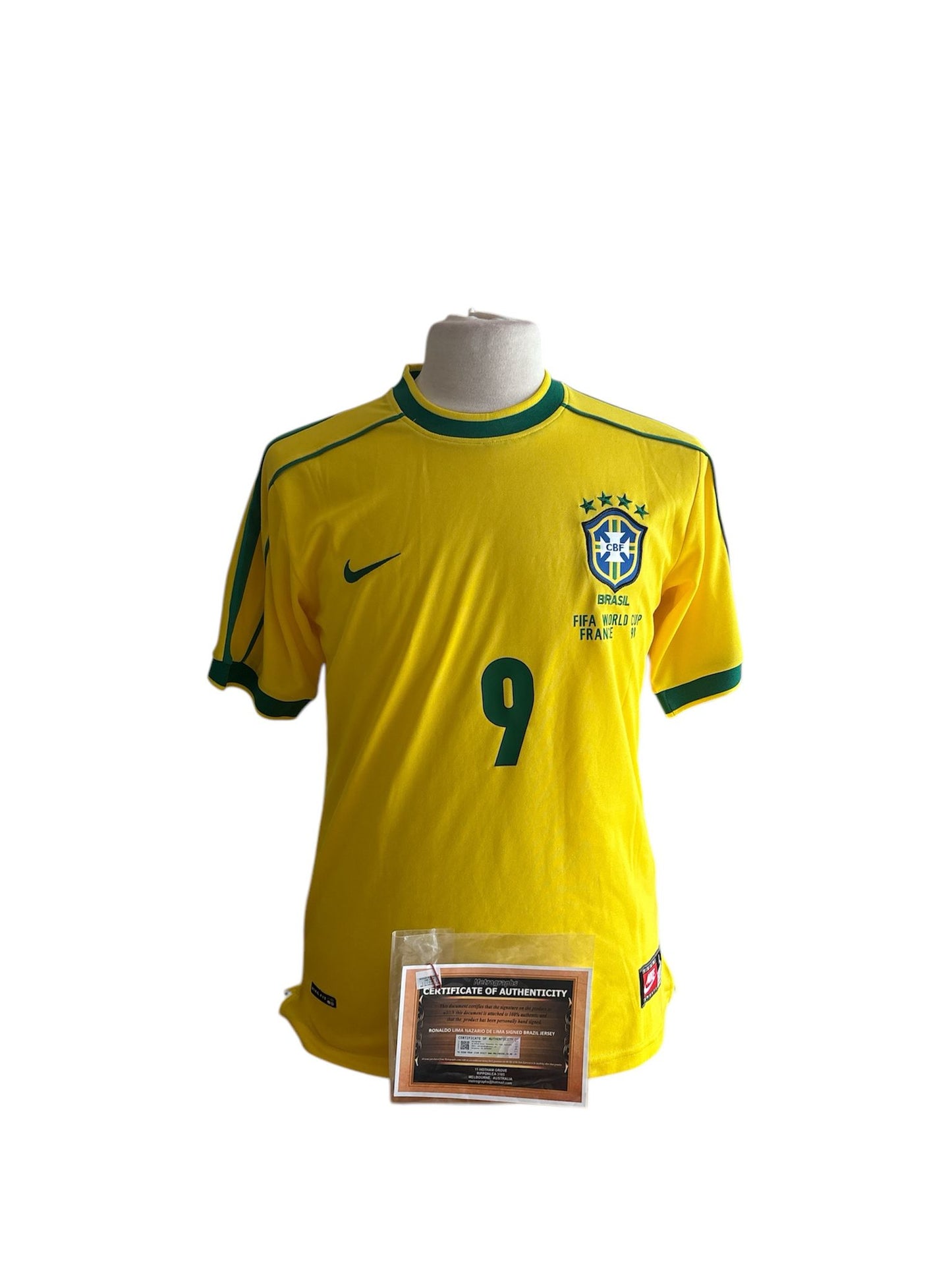 Ronaldo Lima gesigneerd Brazilië WK 1998 shirt met echtheidscertificaat