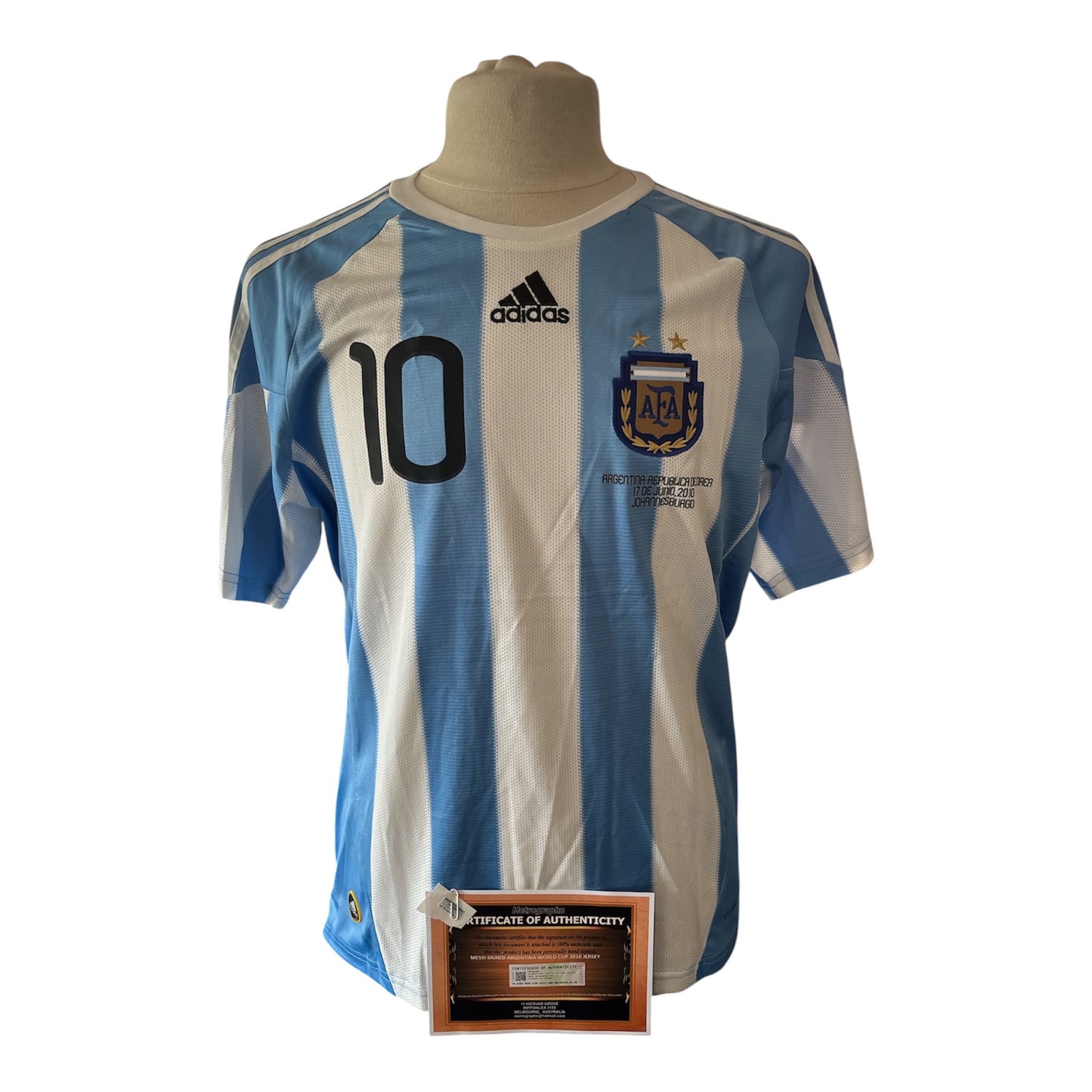 Lionel Messi gesigneerd Argentinie shirt 2010 — detailfoto