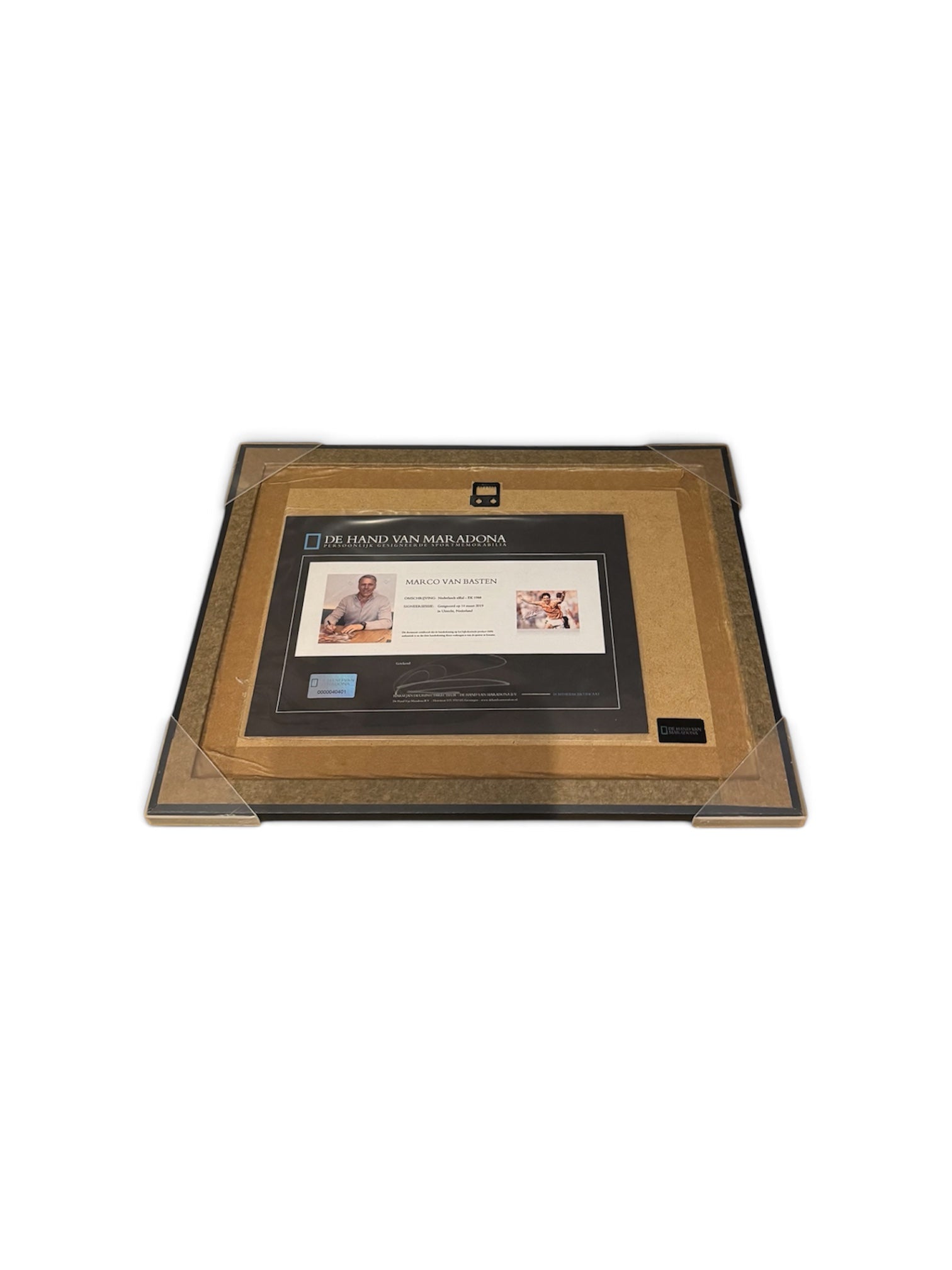 Close-up of Marco van Basten signature on framed Euro 1988 photo with COA