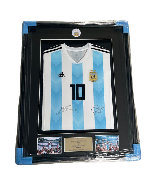 Lionel Messi en Diego Maradona gesigneerd en ingelijst Argentinië 2018 shirt met certificaat