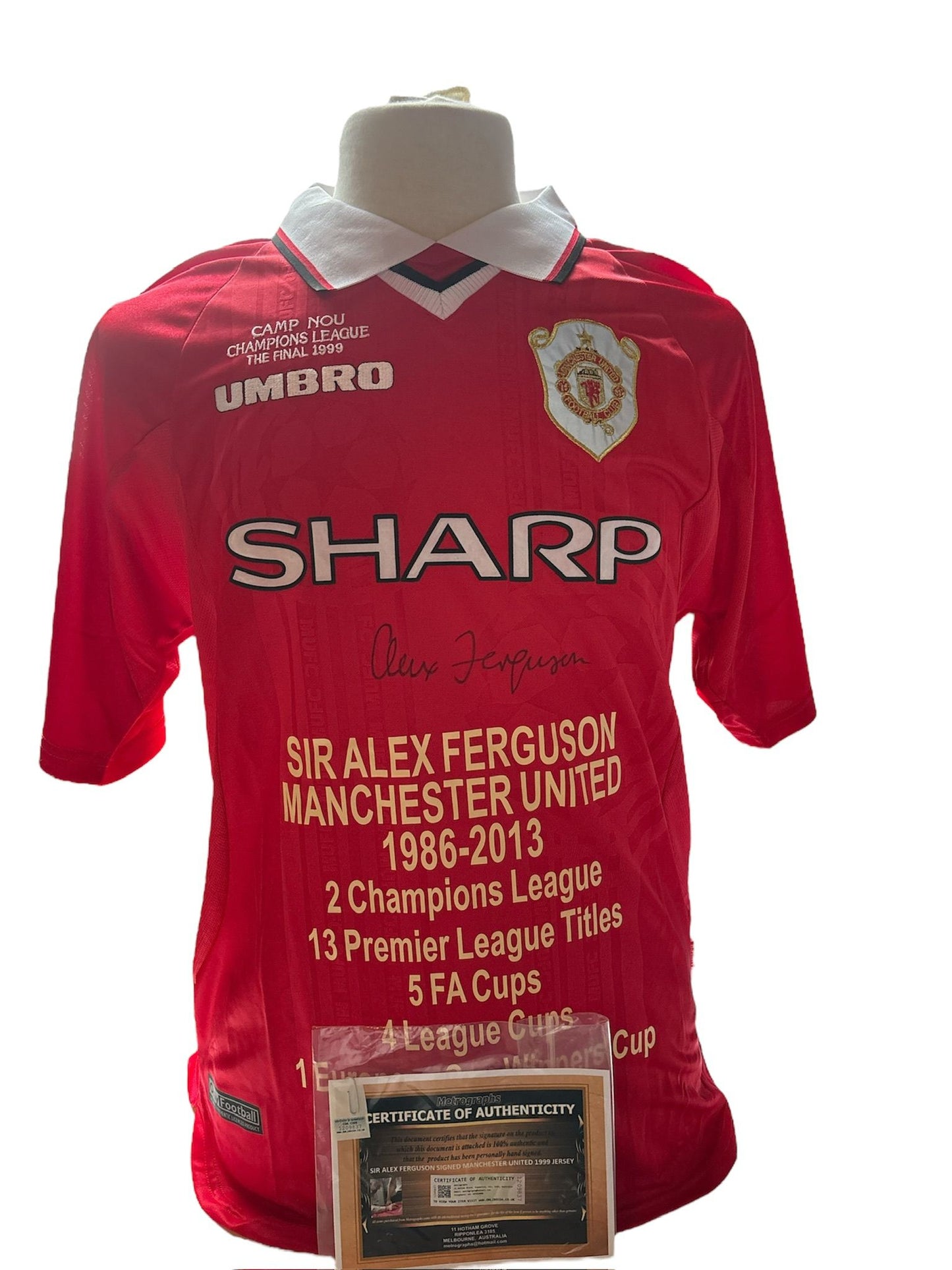Sir Alex Ferguson gesigneerd Manchester United 1998-1999 shirt met certificaat